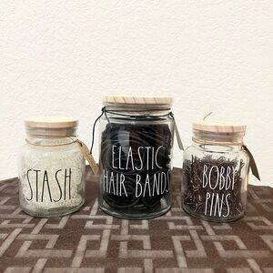 Rae Dunn set of 3 glass beauty jars STASH & ELASTIC HAIR BANDS & BOBBY PINS